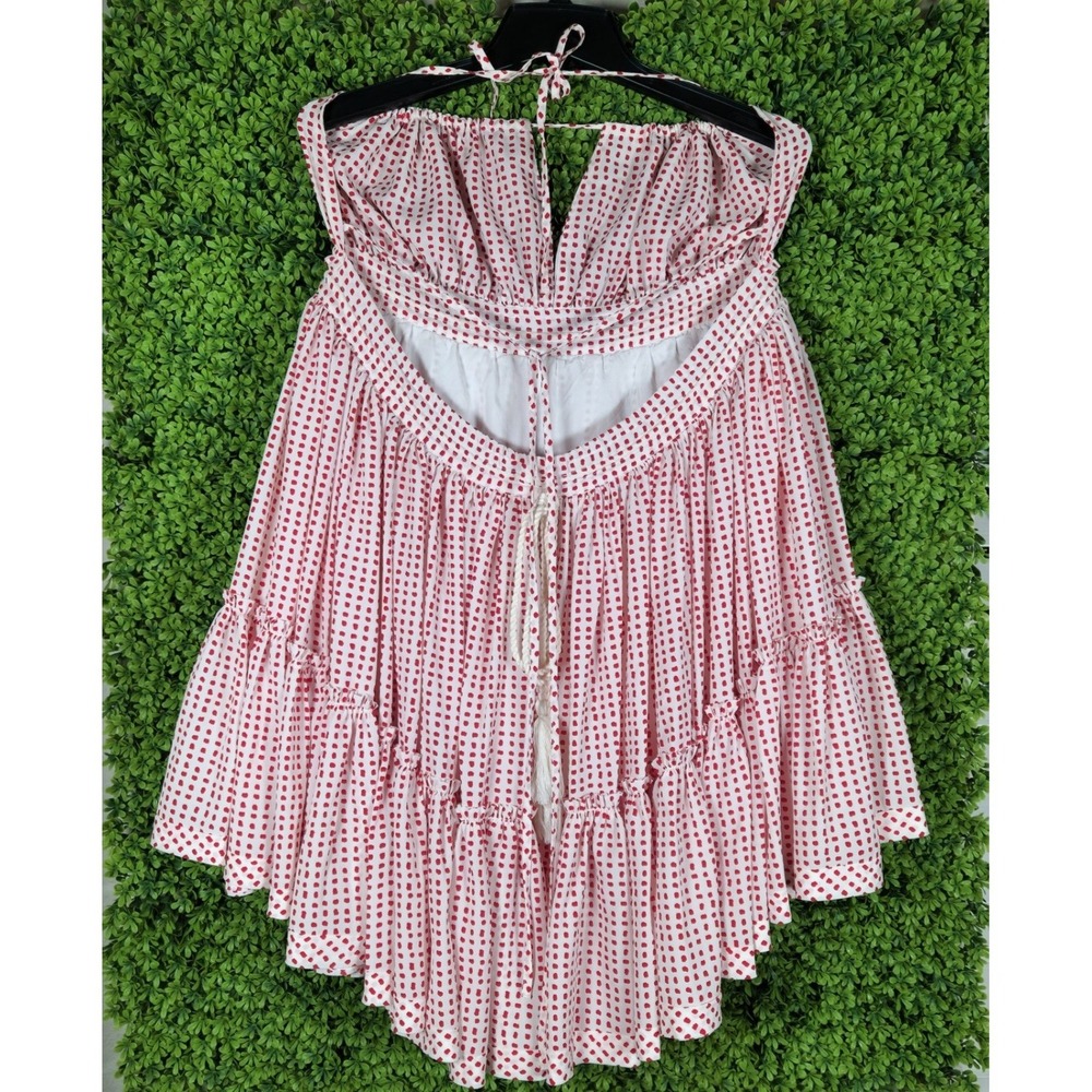 Reset by Jane Red Polka Dot Halter Mini Dress Smocked Tiered Ruffle Medium NEW